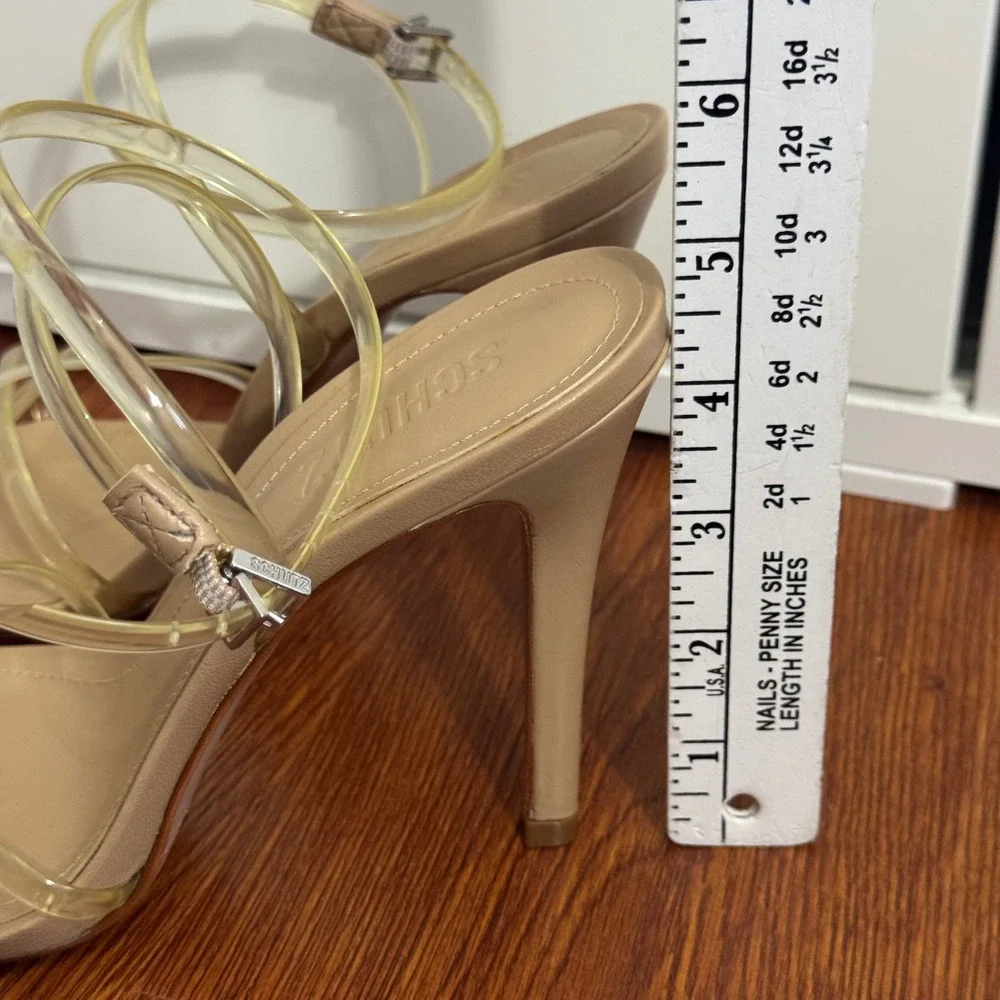 Schutz Strappy Sandal Heels 8B‎ Clear PVC Nude Leather Stiletto Neutral Formal